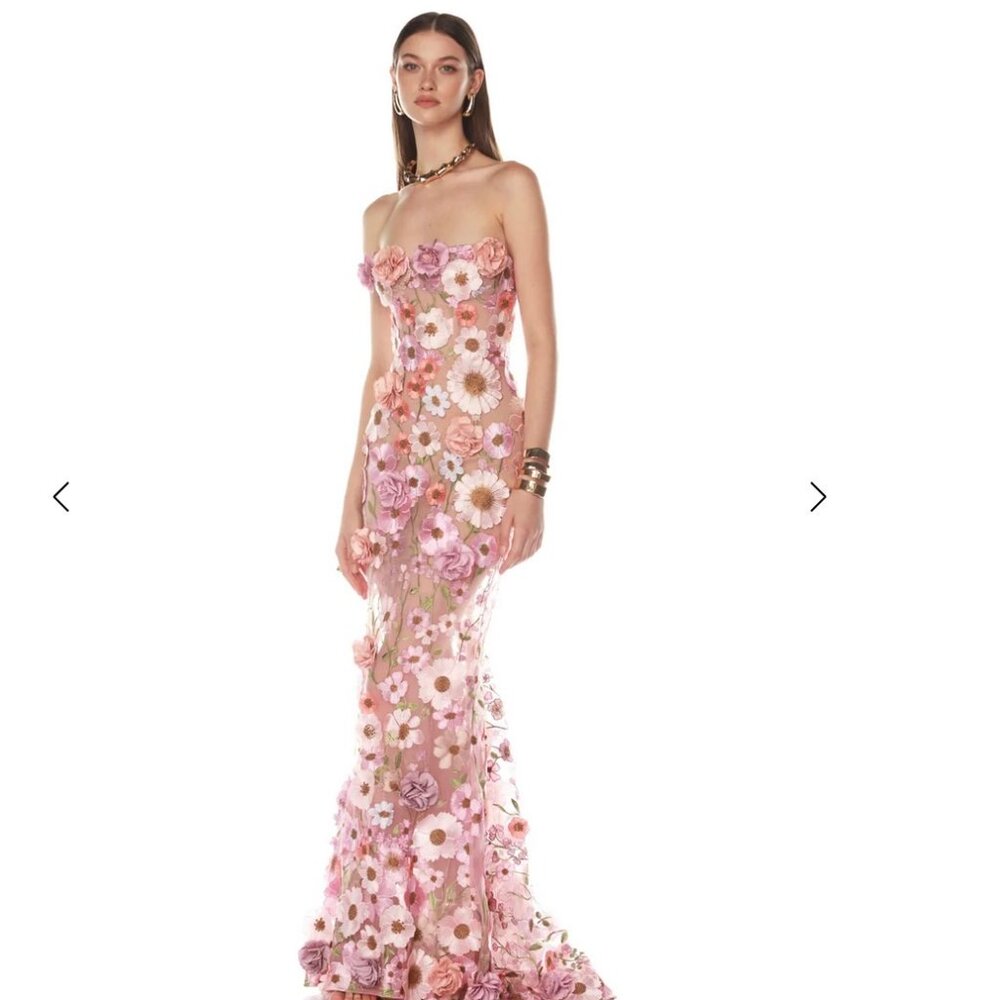 NWOT $1500 Bronx and Banco Jasmine Pastel Pink Floral Gown Wedding Maxi Dress